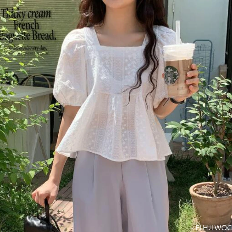 Square Neck Cotton Blends Tops Summer 2023 New Women Chic Japan Girls Preppy Style Date Belly White Lace Shirts Blouses