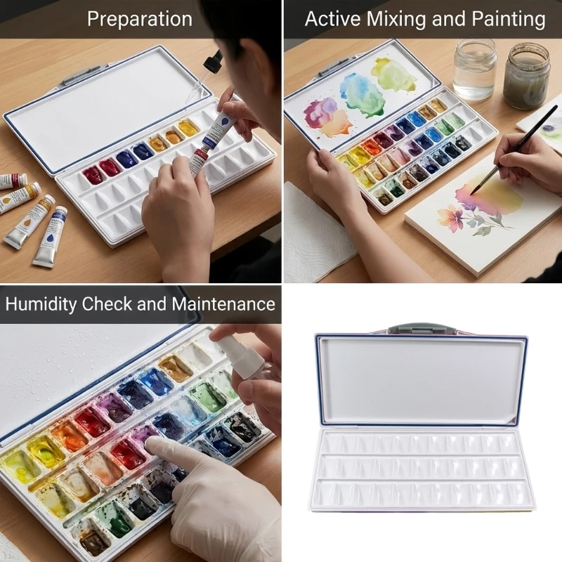 Paint Box with Flat Mixing Area, 33 Well Watercolor Tray and Lid for Organized Painting Work, Practice, and Art Study