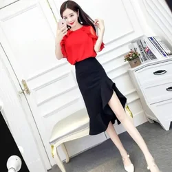 Women's Two Piece Set Short Sleeve Skirt Mature Ruffles Female Outfits Vintage Luxury Designer Clothing Korean Style Promotion