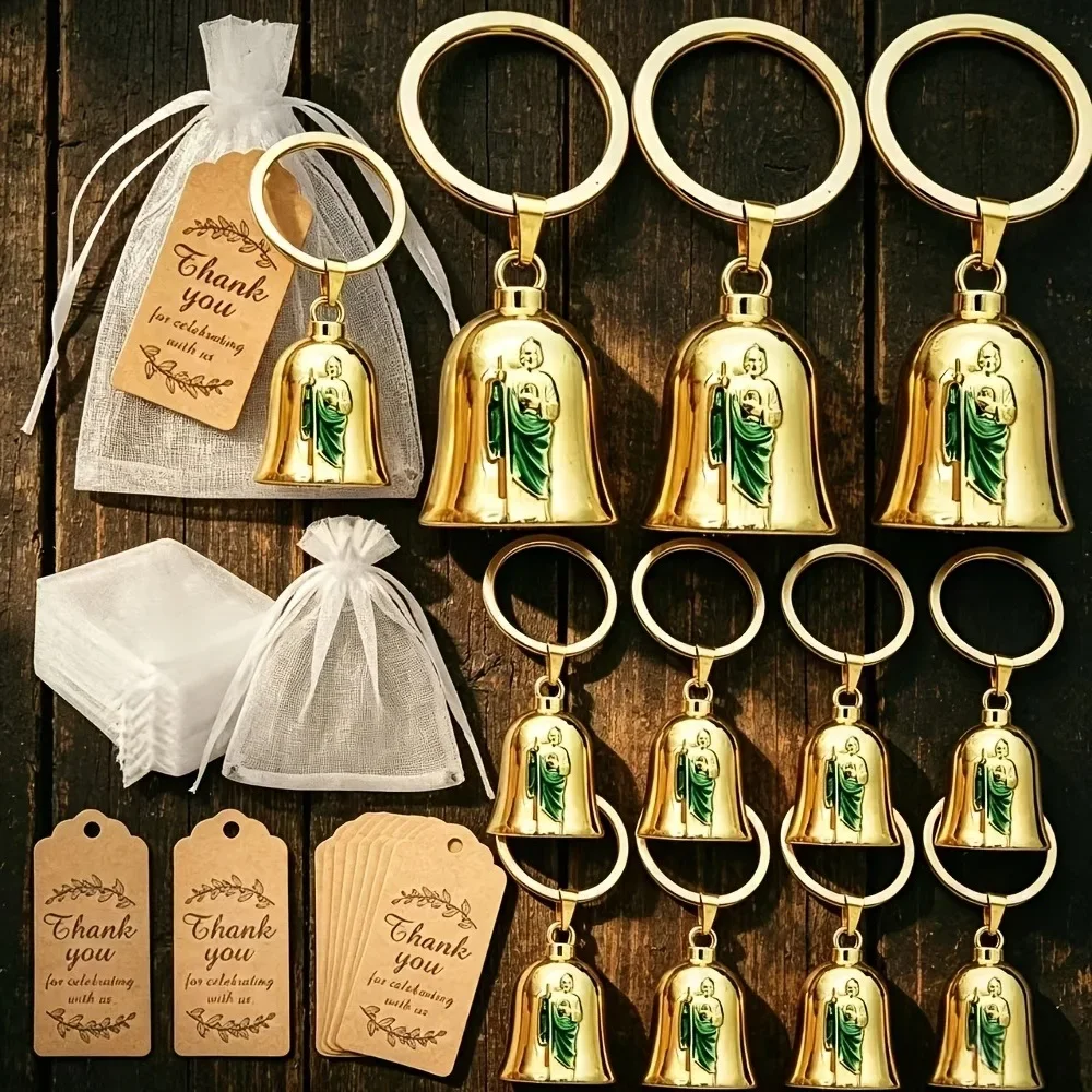 5-20 juegos de llaveros con forma de campana dorada de San Judas, recuerdos para bautizos y primeras comuniones, con etiquetas y bolsas de organza, regalos para bodas y eventos religiosos.