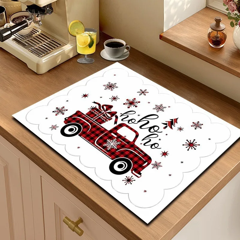 Dish Drying Mat Welcome Sign Christmas Tree Pad Super Absorbent Checkered Tartan Cushion Kitchen Countertop Protection