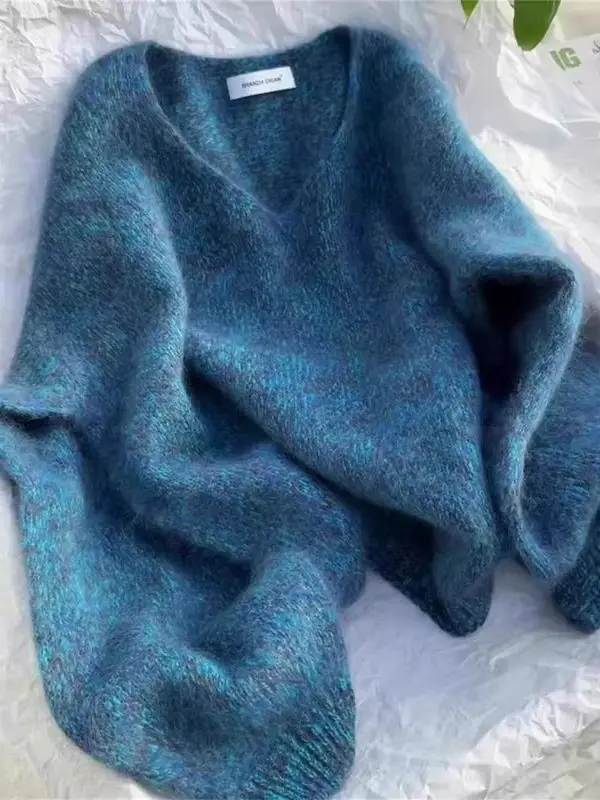 

Свободный вязаный джемпер с V-образным вырезом, синий, в непринужденном стиле, создающий уютную атмосферу, новинка весенней коллекции, женский повседневный топ с длинным рукавом, комфортная посадка