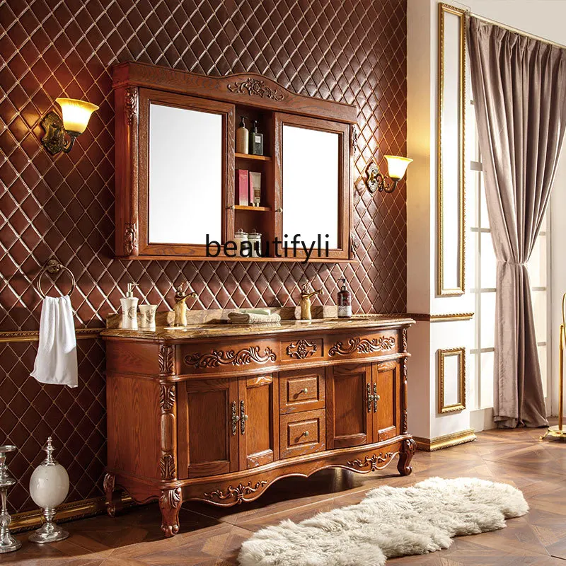 

European double basin bathroom cabinet red oak carved wash basin cabinet floor-to-ceiling combination mirror cabinet