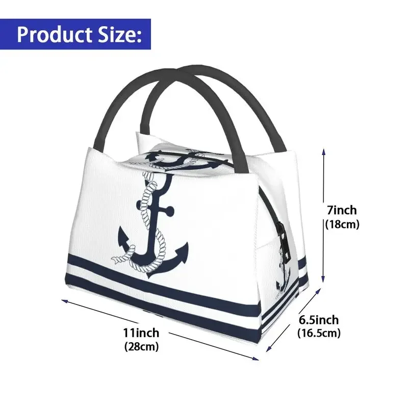 Nautical Blue Anchors With Blue And White Stripes Lunch Tote Bag for Women Sailing Sailor Portable Cooler Thermal Food Lunch Box