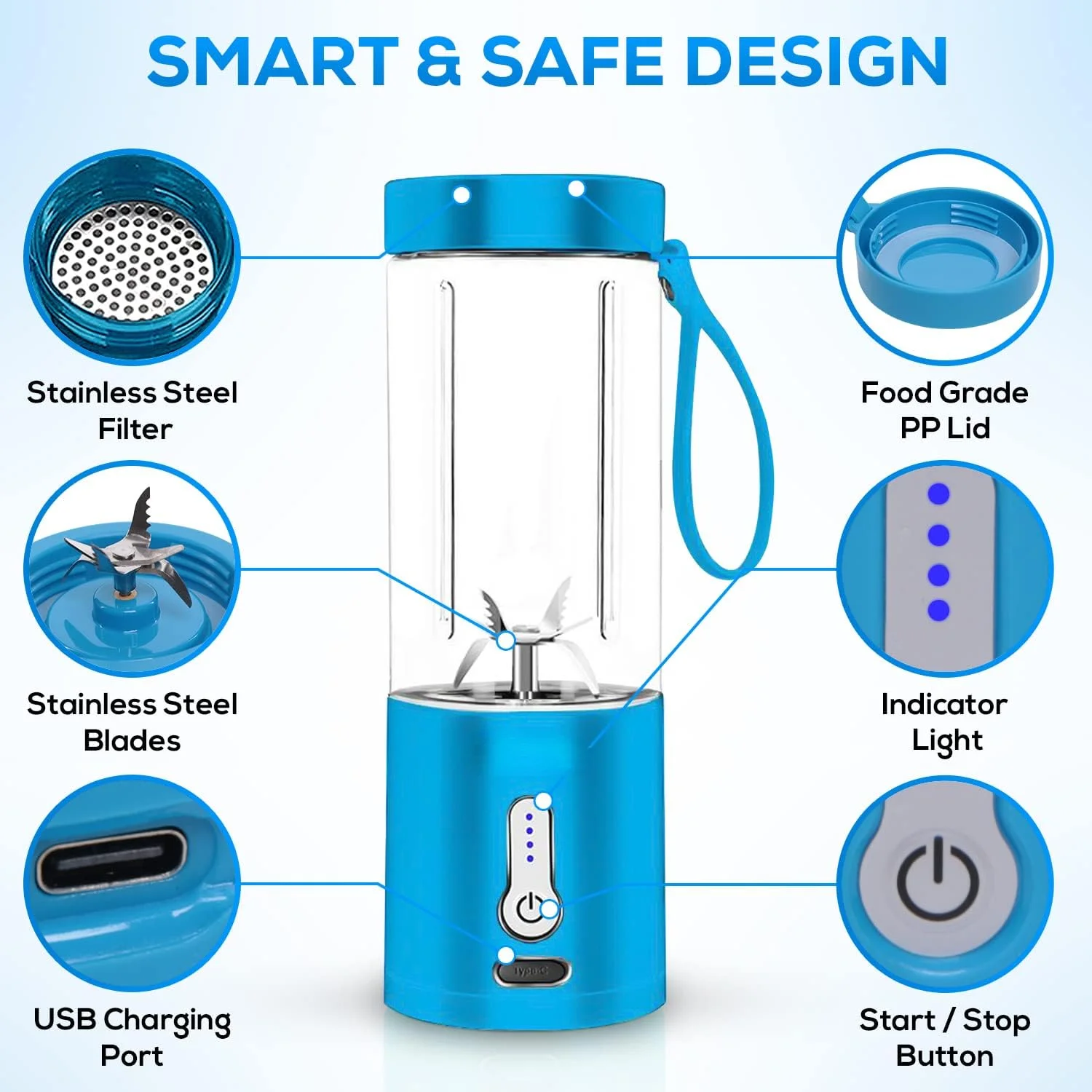 Portable Blender for Shakes and Smoothies (530ml) -  Personal Mini Blender Smoothie Juicer Cup with 4000mAh Rechargeable Battery