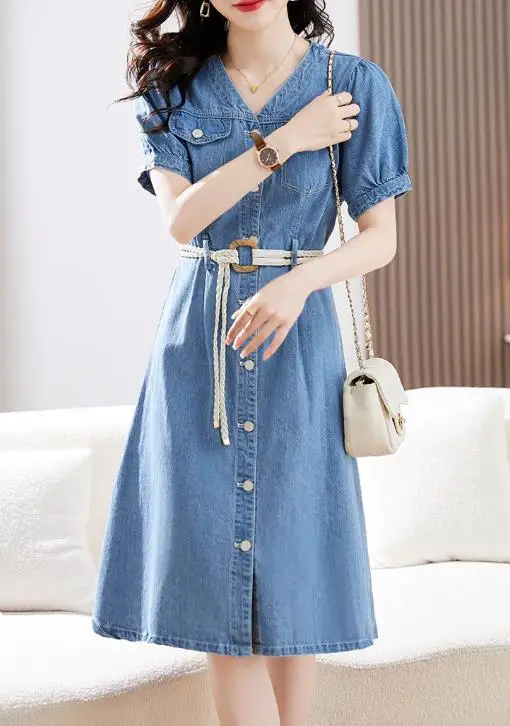 

2025 Summer New Style Slim Fit Waist Cinching Short Sleeved Casual Denim Dress