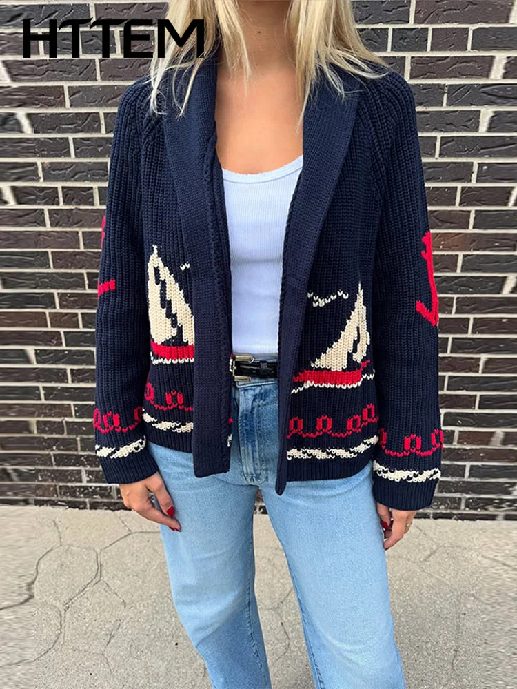 Sailboat Knit Cardigan For Women Autumn Lapel Open Front Long Sleeve Sweater Female 2026 Winter Lady All -matching Knitwear