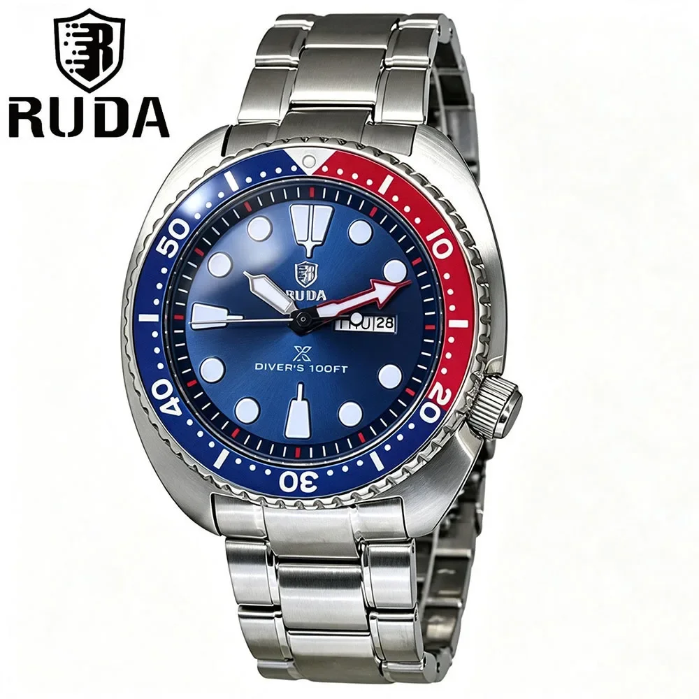 RUDA Men's Quartz Watch with Double Calendar Two-color Rotating Playable Ring Steel Belt Devil Fish Design Business Watch