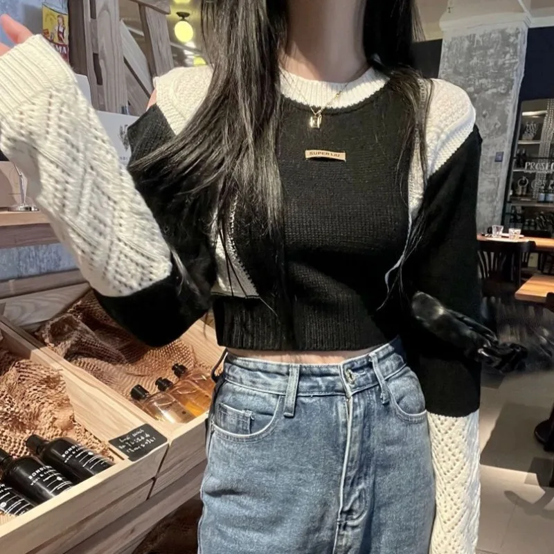 

Шикарные пуловеры для женщин, милые крутые весенне-осенние топы, вязаные лоскутные топы в корейском стиле, студенческие нишевые теплые мягкие топы с круглым вырезом