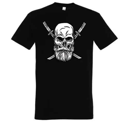 Herren T-Shirt Skull Bart Männer Motiv Katana Samurai Anime Logo Lustig Spruch