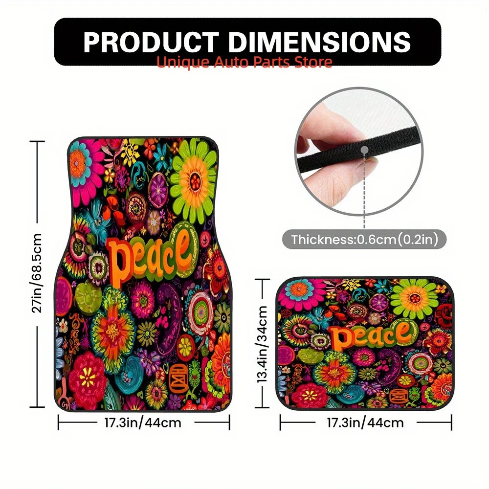4pcs Car Mats, Ideal for SUVs or Trucks, Featuring Retro Colorful Floral Peace Design and Cleaning-Friendly Surfaces, Along with