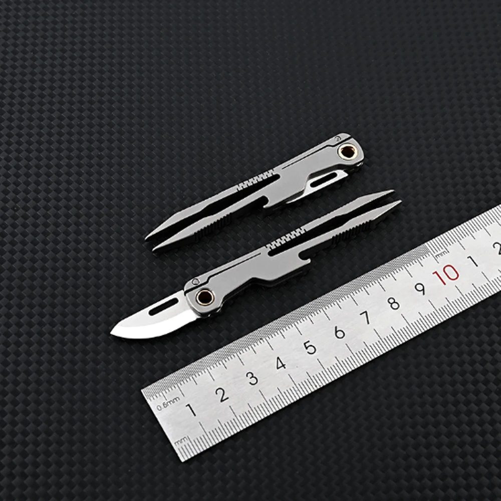 Mini titanium alloy multifunctional forceps folding knife, medical EDC outdoor open pocket keychain knife titanium alloy forceps