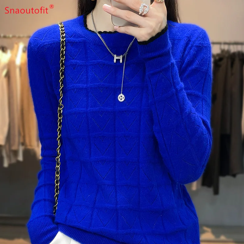 2023 Spring and Autumn New Pure Wool Round Neck Jumper Love Hollow Knit Sweater Female Fashion Match Color Long Sleeve Pullover