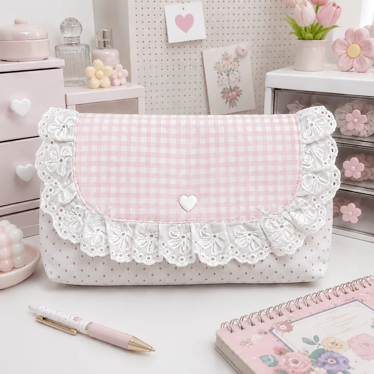 2/1 Piece Set of Pink Plaid Lace Storage Bags, Compact and Multi-Functional Organizer Bags, Perfect for Storing Coins, Cards, Notes, Pens, and Small Items Soft Fabric with Delicate Lace Trim, Perfect for School, Office