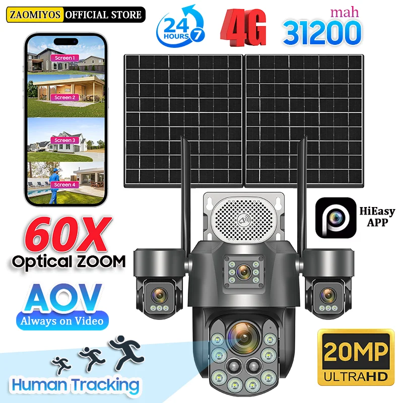 

20MP 4 Lens 4 Screens Home 4G Solar Cameras Outdoor 24/7 Record Surveillance 60X Optical Zoom Auto Tracking Security PTZ Camera