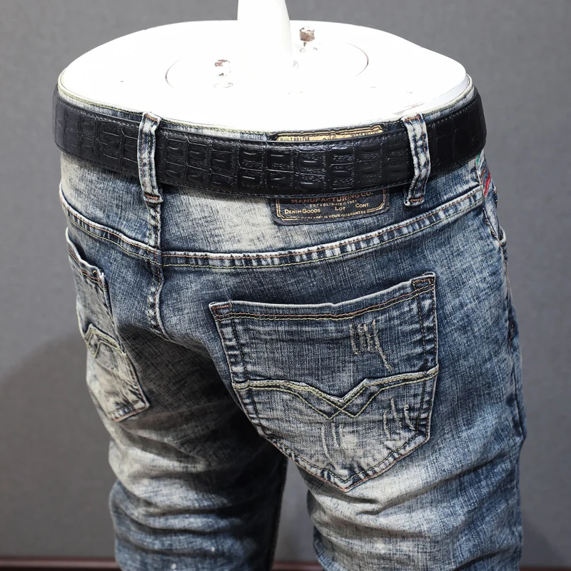 Fashion Vintage Men Jeans Retro Gray Blue Elastic Stretch Slim Fit Patched Ripped Jeans Men Painted Designer Denim Pants Hombre