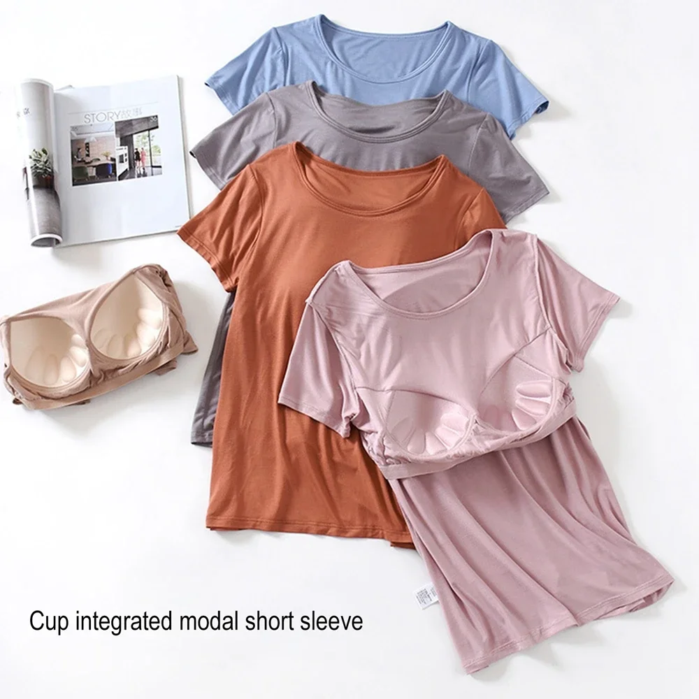 

Modal Fabric with Chest Pad T-Shirt Women's Solid Color Bra One Short Sleeve Pajamas Summer Half Sleeve Women's Base Shirt