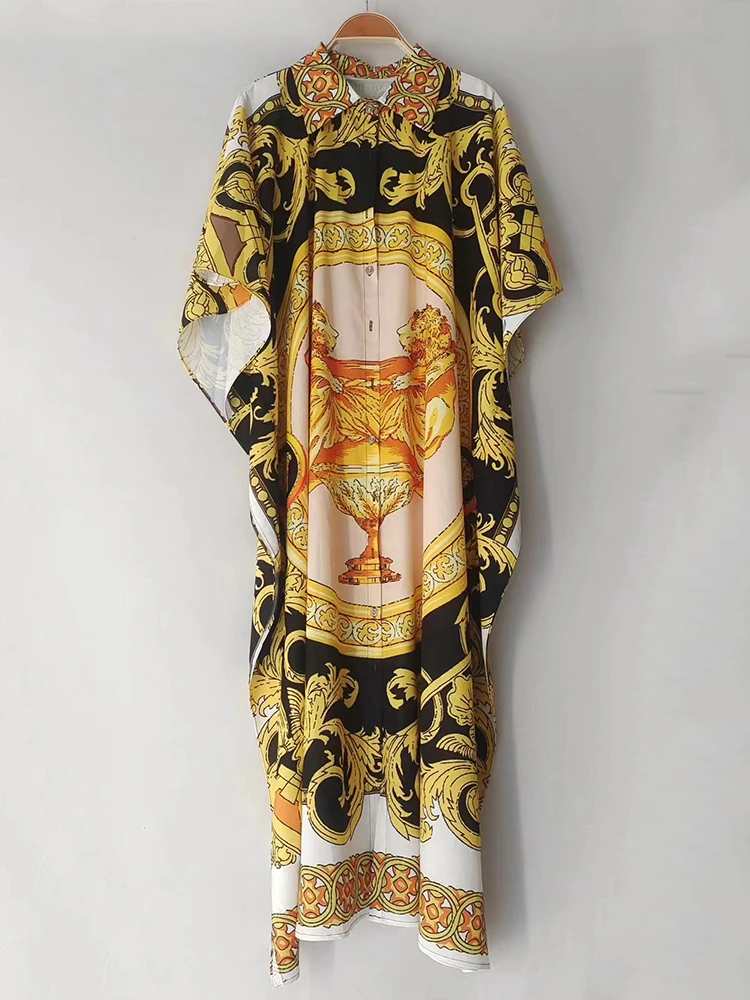 فستان بتصميم عتيق بطباعة هندسية وطية صدر واحدة مكشكش وأكمام خفافيش لصيف 2025 فستان قميص فضفاض على الموضة للسيدات