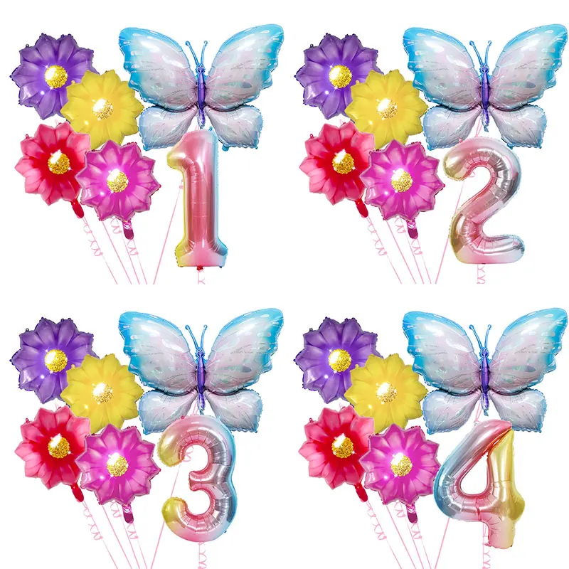 6 stücke Bunte Schmetterling Sonnenblumen Ballon 40 zoll Farbverlauf Anzahl Geburtstag Ballon Set Festival Party Dekoration Taufe Versorgung
