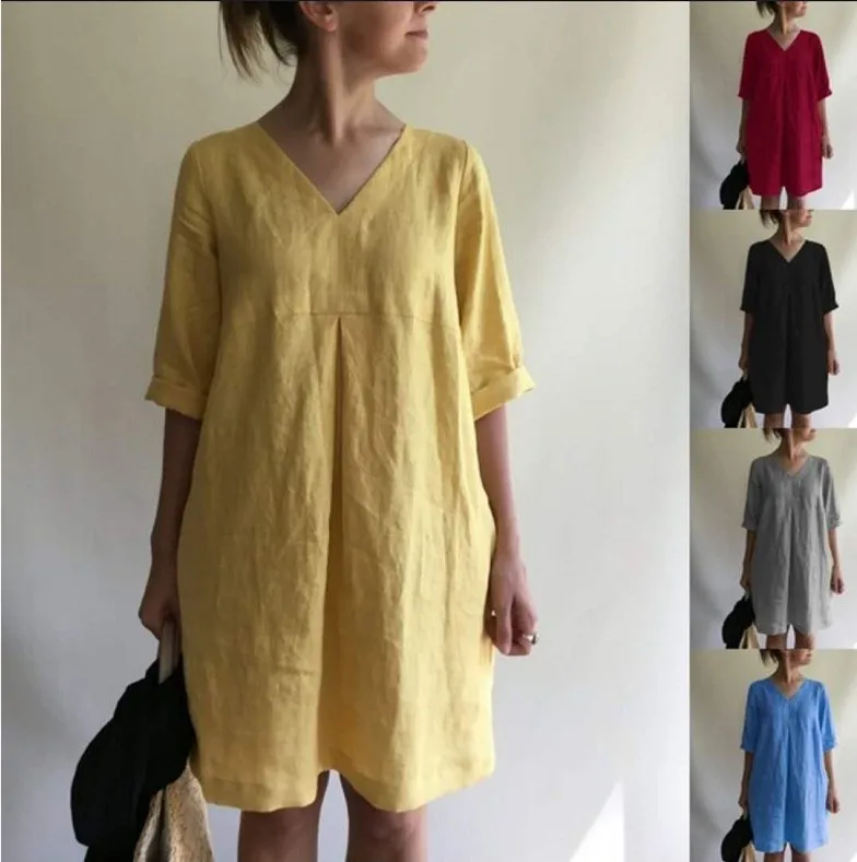Casual Cotton Linen Shirt Dress For Women Solid Color V Neck Ruched Summer Midi Dress Simple Style Big Size Beach Short Dresses