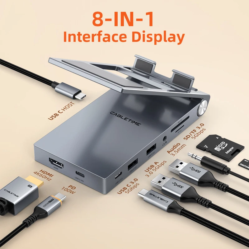 CABLEsmen-airies USB C avec support pliable, 8 en 1, HDMI, 4K, 60Hz, PD, 100W, 5Gbps, m.com x 3.5mm, pour IPad Pro, tablette Android, C503