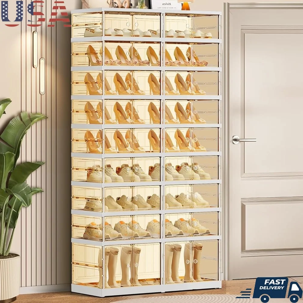 

9 Tier Foldable Shoe Rack Storage Organizer with Lids Stackable Entryway Closet Large Capacity Shoe Boxes Easy Clean Transparent