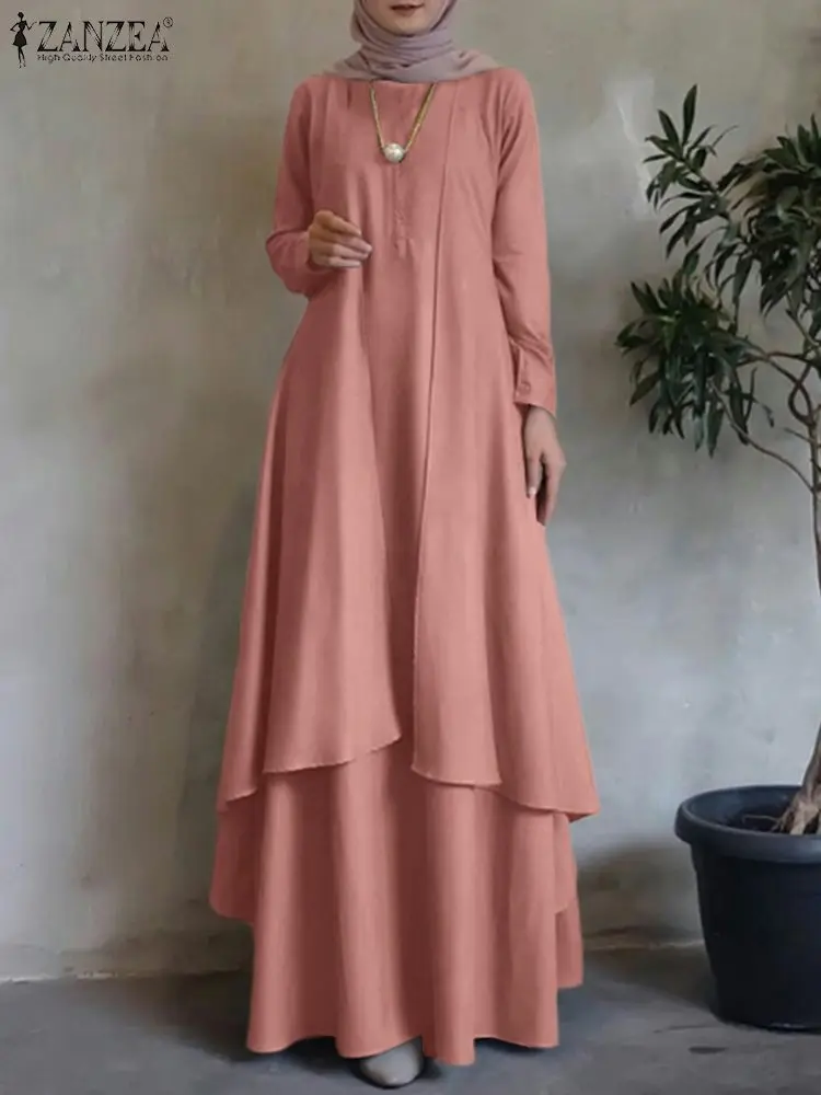 ZANZEA Autumn Fashion Muslim Dress Women Long Sleeve Abaya Sundress Casual Loose Islamic Clothing Eid Mubarek Vestidos Oversized