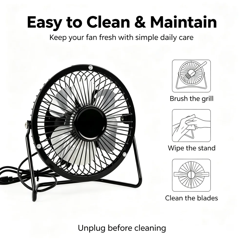 4 Inch USB Desktop Fan, Mini Portable Personal Cooling Fan, Low Noise Strong Airflow, 360° Rotatable, Durable Metal Frame, Retro Table Fan, 1 Speed Adjustable for Home Bedroom Office School, USB Powered Only view 7