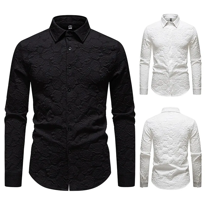 Embossed Fabric Direct Sales Shirts For Men Long Sleeve Slim Fit Four Seasons Quality Designer Male Clothes Casual Chemise Homme