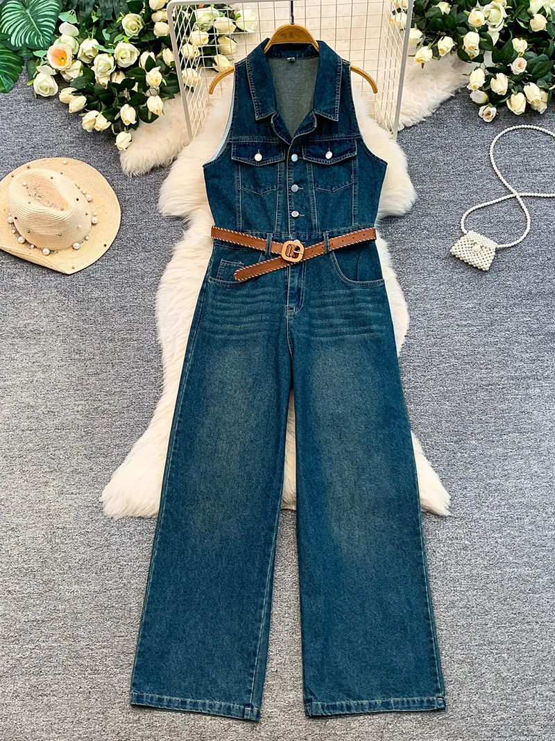 Retro Halter Neck Denim Jumpsuit For Women European American Style Wrap Waist Tie Belt Overeall Summer Slimming Casual Romper