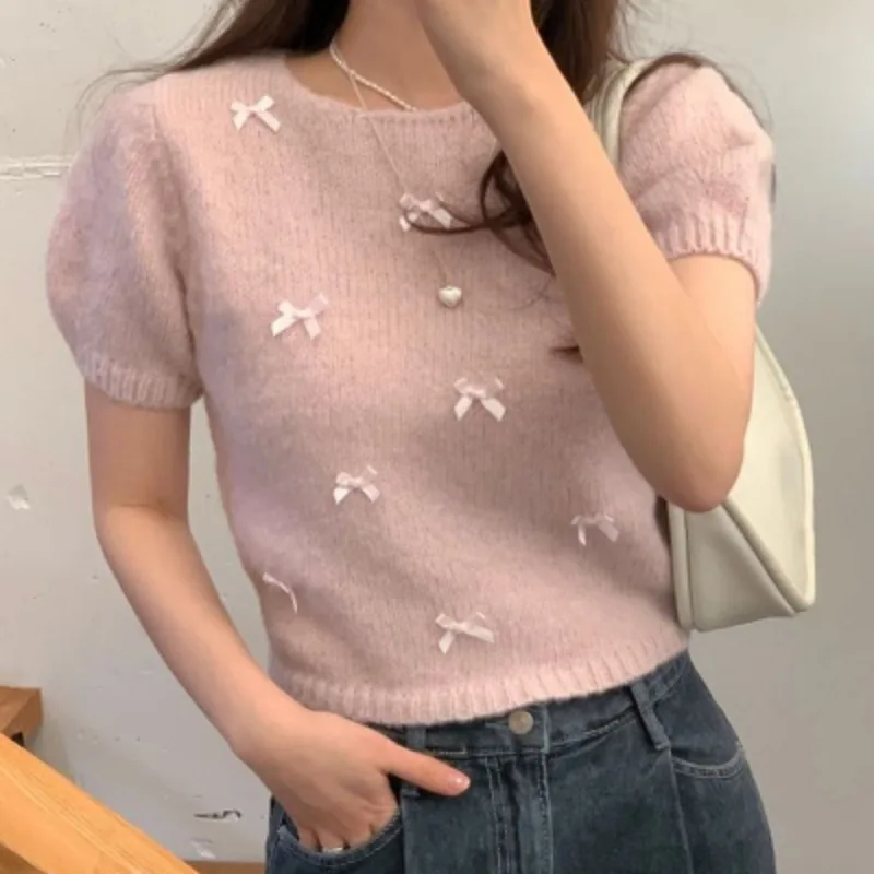 

Early Spring New Korean Gentle Bow Short Sleeve Sweater Sweet Version Soft Glutinous Knitted Pullover Top Female Clothing