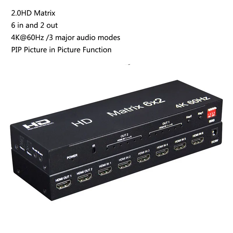 

4K 60Hz 6x2 HD Matrix Switch 6 in 2 out Switch Splitter with Optical R/L Audio Extractor Video for HDMI-compatible Converter