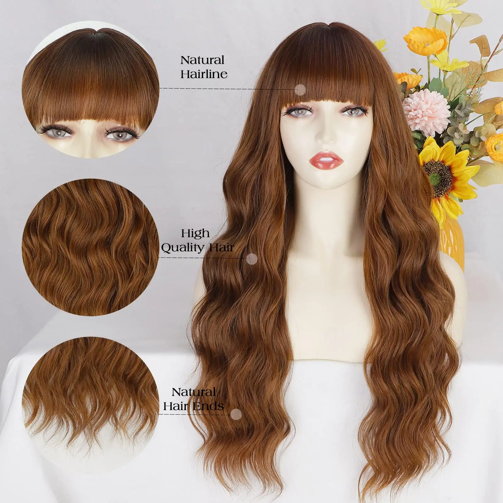 Long Natural Wave wig Wig With bangs realistic wigs heat-resistant fiber Fancy Glamorous Daily Ready To Wear Good Texture