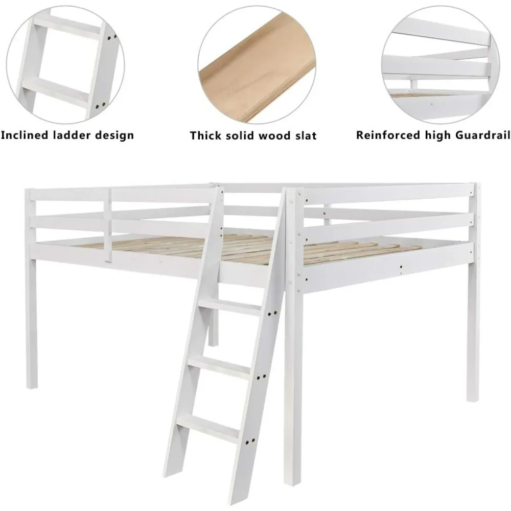 Junior Low Loft Bed with Stairs, No Box Spring Required, Wood Slat Support, Wood Loft Bed Full Size, Solid & Sturdy Bed Frame