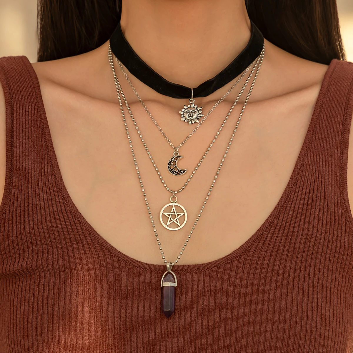 

IngeSight.Z 4pcs/set Vintage Geometric Amethyst Pendant Women Necklace Goth Witch Pentagram Moon Charm Necklace Neck Jewelry