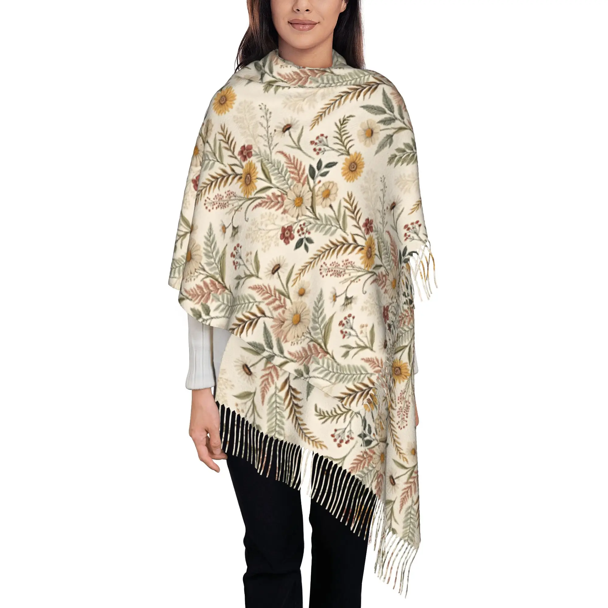 Custom Neutral Earth Tone Vintage Wild Daisy Floral  Tassel Scarf Women Winter Warm Shawls Wraps Lady  Scarves