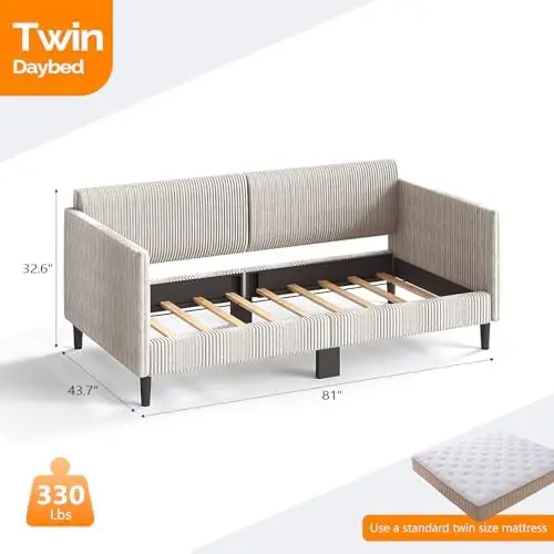 Daybed Twin Size Corduroy Upholstered Sofa Bed, Beige White | Breathable Material