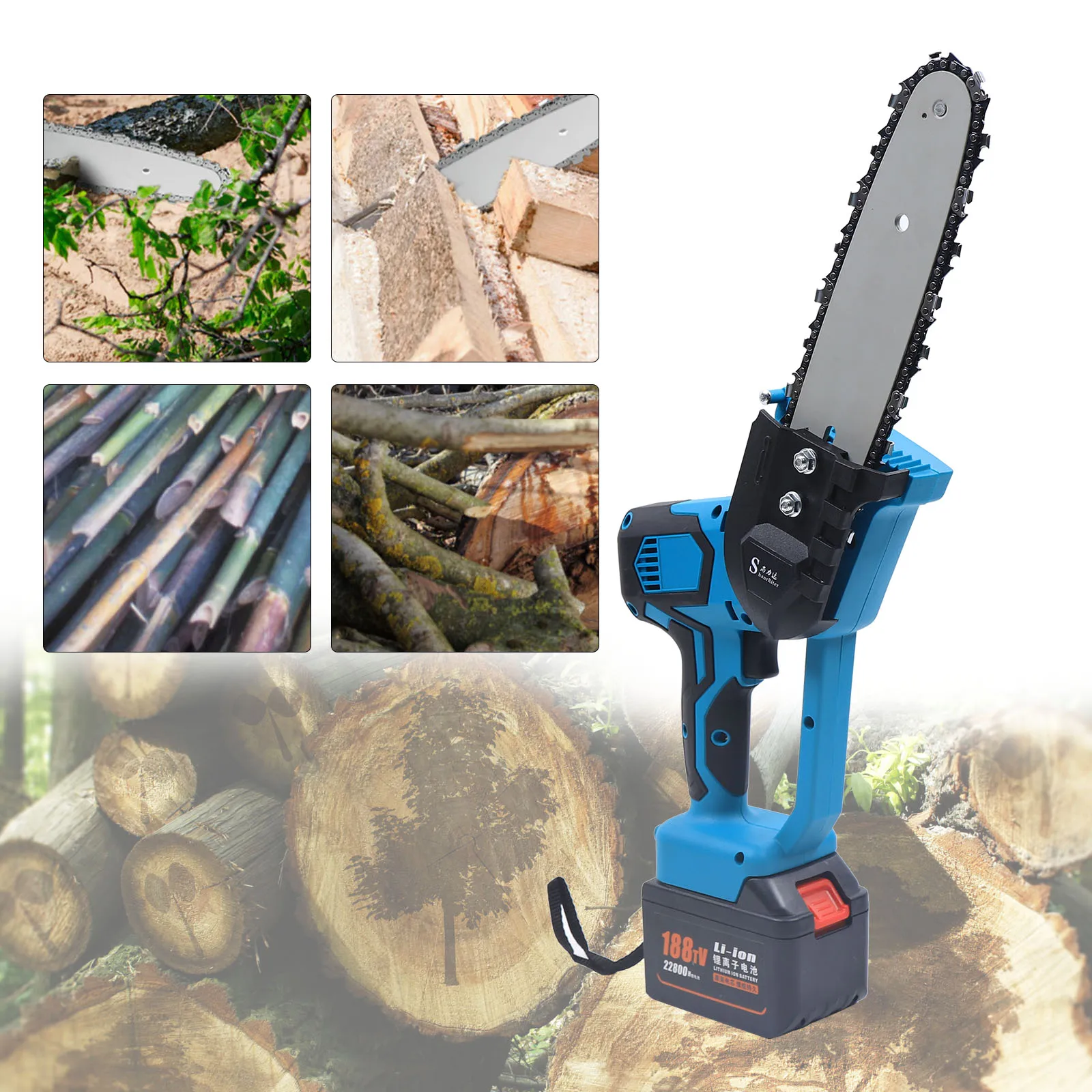 8 Inch Electric Chainsaw With Saw Blade Chain Baffle & Battery Carbon Steel One-Hand Saw Woodworking Wood Cutter Blue