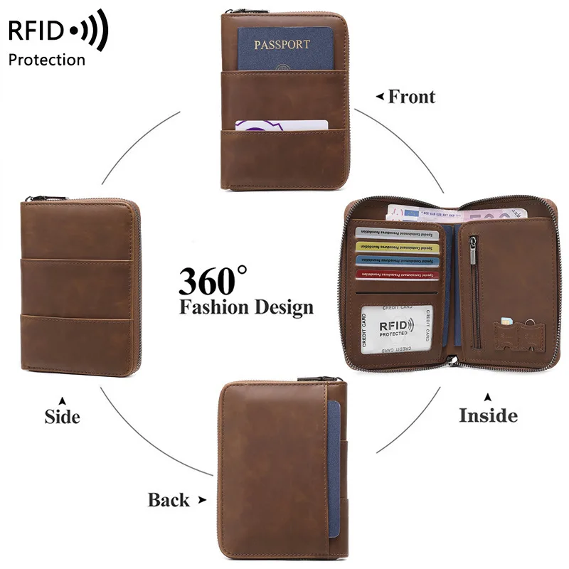 Travel Purse Passport Holder RFID Shielded Large-Capacity Document Zippered Storage Wallet Genuine Leather Clutch Bag Unisex