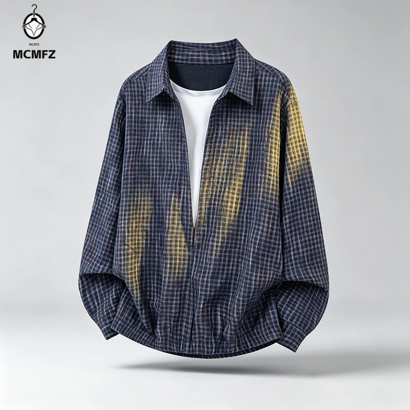 Male Check Crinkled Fabric Shirt Turn Collar Long Sleeve Relaxed Oversized Fit Breathable Casual Outerwear