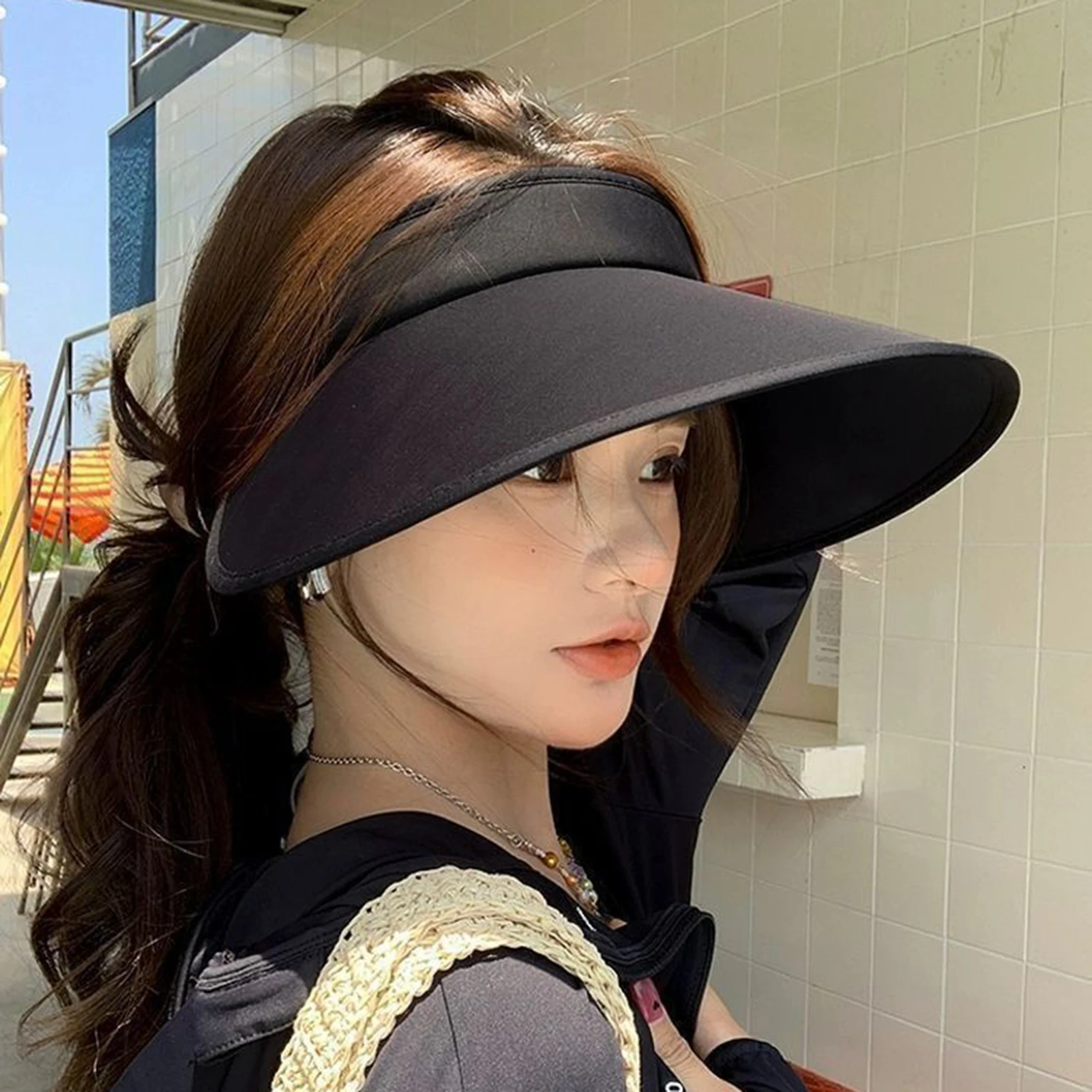 Womens Summer Ice Silk Sun Visor Hat Ultraviolet-Protection Wide Brim Breathable Open Top Cooling Cap Adjustable Headband