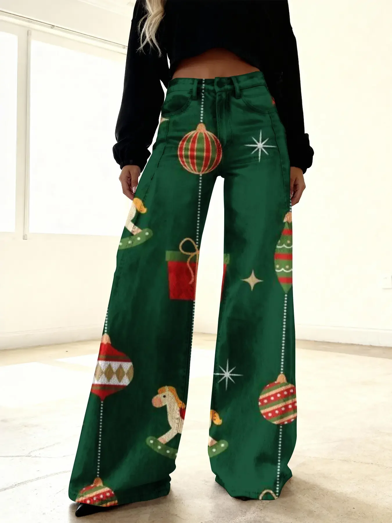 Ladies' new Christmas printed jeans made of imitation denim fabric, casual and fashionable, featuring a variety 