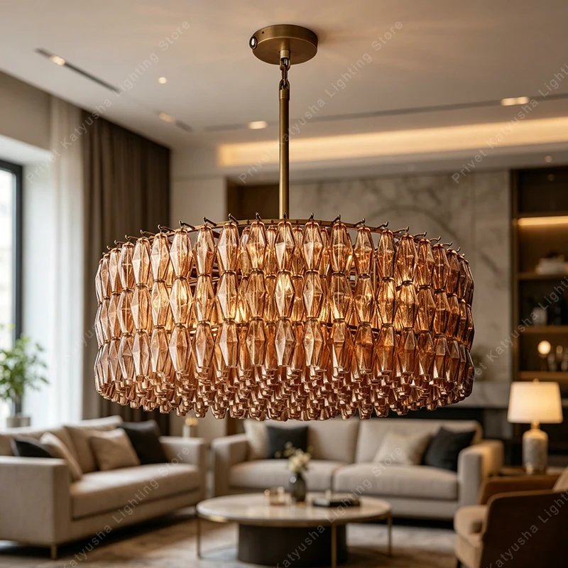 

Postmodern American Villa Duplex Decoration Chandelier Large Luxury Clear Amber Glass Chandeliers Black Chrome Gold