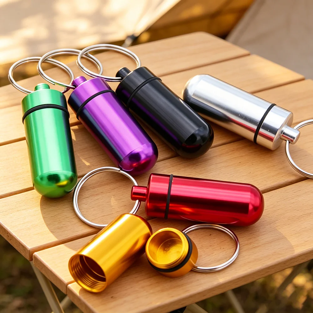 Kreativer Mini-Farbkodierter Outdoor Wasserdichter Aluminium-Pillen-Schlüsselanhänger Tragbarer Pillen-Organizer Langlebiger Aufbewahrungsbehälter – Detail 1
