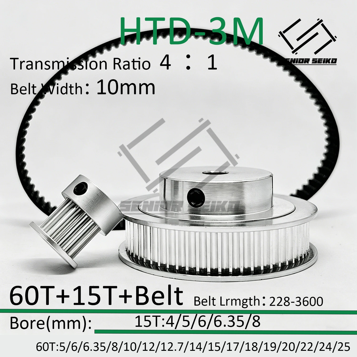 HTD3M 60Teeth 15T 15Teeth 60T Timing Pulley Belt Set Belt Width 10mm Bore 4~25mm Reduction 4:1 3M Pulley Kit Synchronous Wheel
