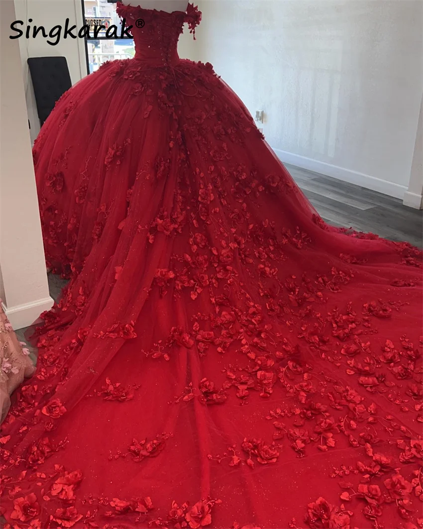 Exquisite Red 3D Flowers Princess Quinceanera Dress 2024 Flowers Pearls Applique Beads Ball Gown Vestidos De 15  Customized