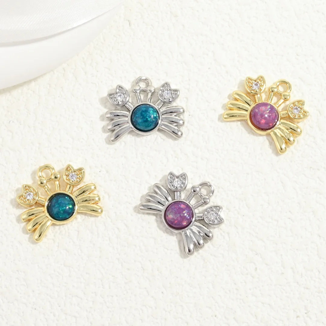 Cute Crab Opal Charm, Micro Pave CZ Eyes Sea Animal Pendant, Gold Silver Plated Ocean Charm for DIY ：VD2486