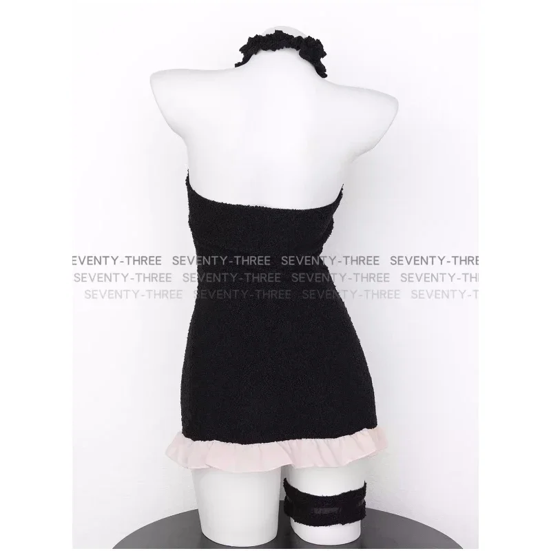 Cute Wild Cat Uniform Cosplay Costume Plush Sweet Cat Girl Mini Dress Black Nightdress Role Play Backless Underwear Anime Outfit