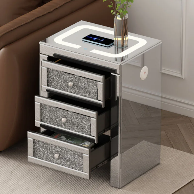 15.7''W Silver Rectangle Mirrored End Table with Wireless&USB Charging, Modern Side Table with LED lights for Living Room