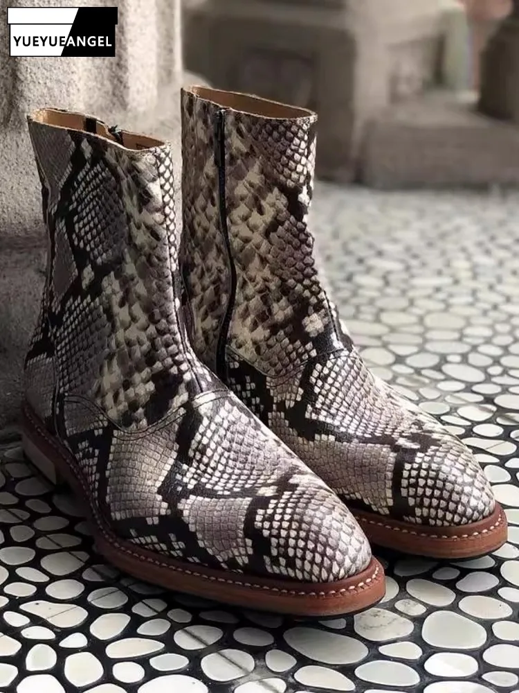 Vintage Mens Snake Pattern Cowhide Genuine Leather Ankle Boots Punk Stage Show High Top Shoes Handmade Motorcycle Safety Boots
